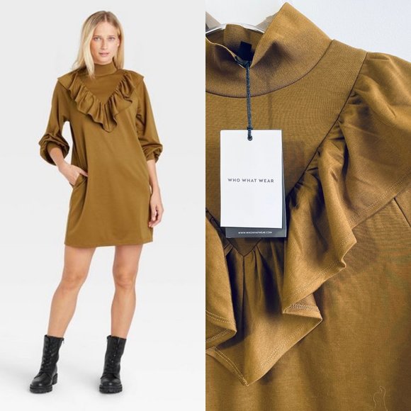 Who What Wear Medium Women's Long Sleeve Knit Ruffle Sheath Brown Mini Dress New - Picture 1 of 12